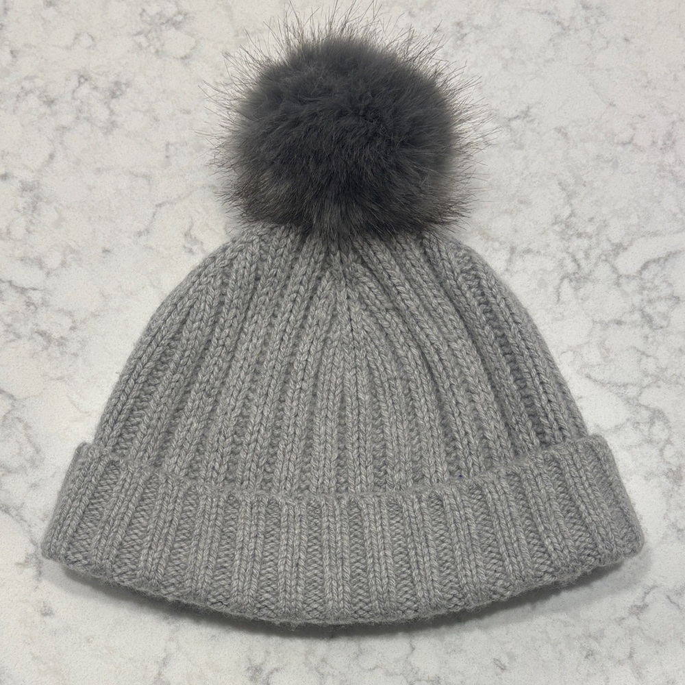J. Crew Ribbed Beanie Hat in Gray with Gray Pom Pom